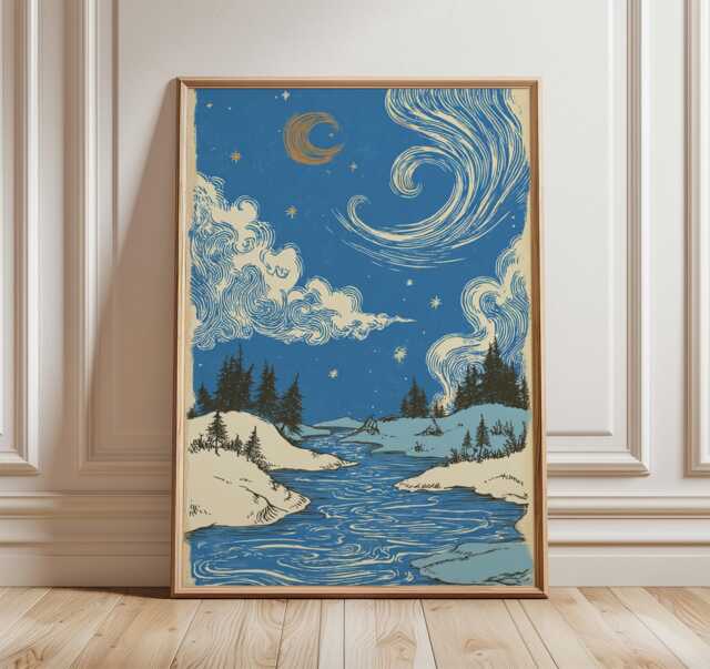 Night Sky Wall Art Print - Moon & Stars Landscape Illustration Vintage Celestial Nature Poster - image 1