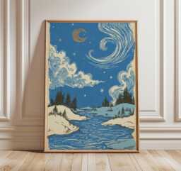 Night Sky Wall Art Print - Moon & Stars Landscape Illustration Vintage Celestial Nature Poster - thumbnail 1