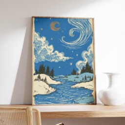 Night Sky Wall Art Print - Moon & Stars Landscape Illustration Vintage Celestial Nature Poster - thumbnail 2