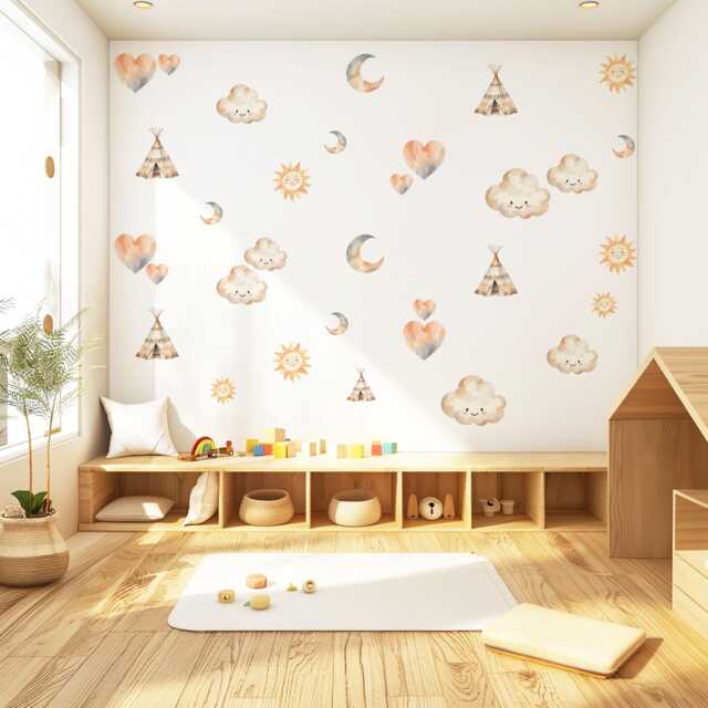 Boho Nursery Wall Decals Sun Moon Cloud Stickers Teepee Decor Neutral Art Woodland Baby Room Peel & Stick - image 1