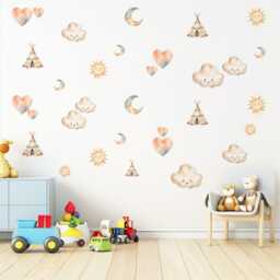 Boho Nursery Wall Decals Sun Moon Cloud Stickers Teepee Decor Neutral Art Woodland Baby Room Peel & Stick - thumbnail 3