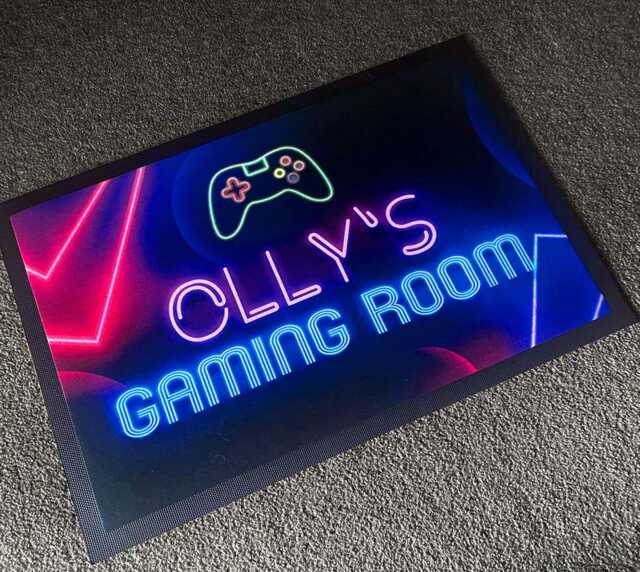 Personalised Gaming Room Mat, Video Games Neon Gamer Teenagers Non Slip Door Mat - image 1