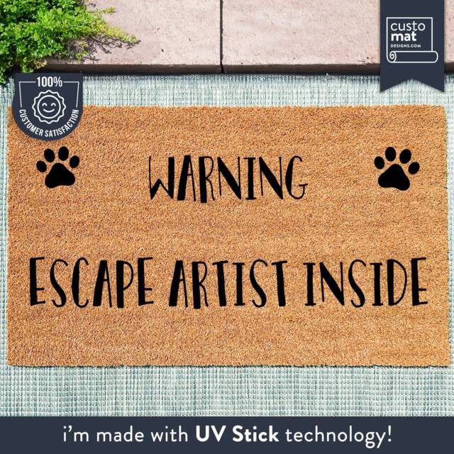 Warning Escape Artist Inside - Dog Doormat Funny Welcome Mat Custom Coir Animal Lover Gift - image 1