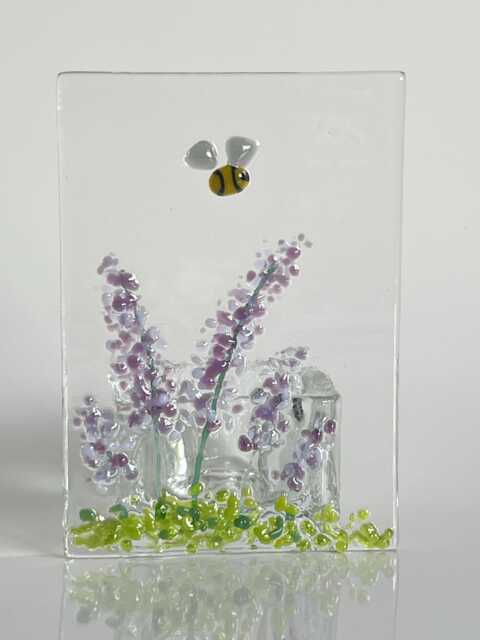 Fused Glass Tealight Holder Lavender Flowers & Bee Decor - image 1