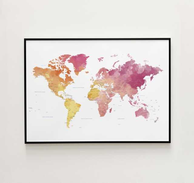 Yellow & Pink Watercolor World Map Print - Cheerful Wall Art Birthday & Valentine Gift - image 1