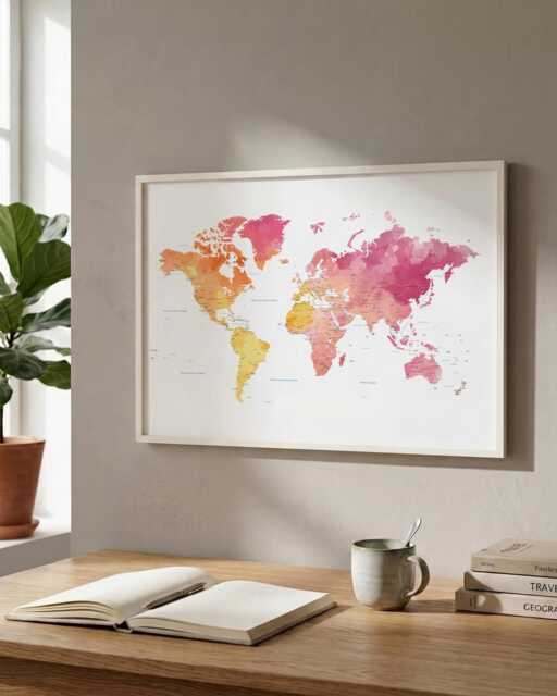 Yellow & Pink Watercolor World Map Print - Home Office Wall Art - image 1