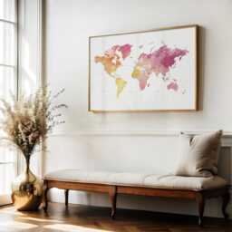 Yellow & Pink Watercolor World Map Print - Cheerful Wall Art Birthday & Valentine Gift - thumbnail 2