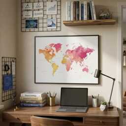 Yellow & Pink Watercolor World Map Print - Home Office Wall Art - thumbnail 3