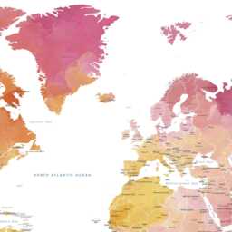 Yellow & Pink Watercolor World Map Print - Cheerful Wall Art Birthday & Valentine Gift - thumbnail 3
