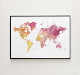 Yellow & Pink Watercolor World Map Print - Cheerful Wall Art Birthday & Valentine Gift - thumbnail 1