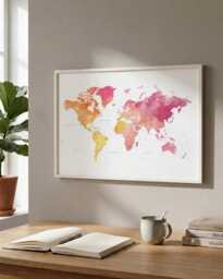 Yellow & Pink Watercolor World Map Print - Home Office Wall Art - thumbnail 1