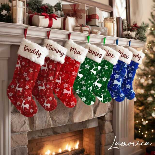 Embroidered Red Christmas Stockings, Xmas Decor, Family Holiday Stocking, Custom Name Reindeer Stocking - image 1