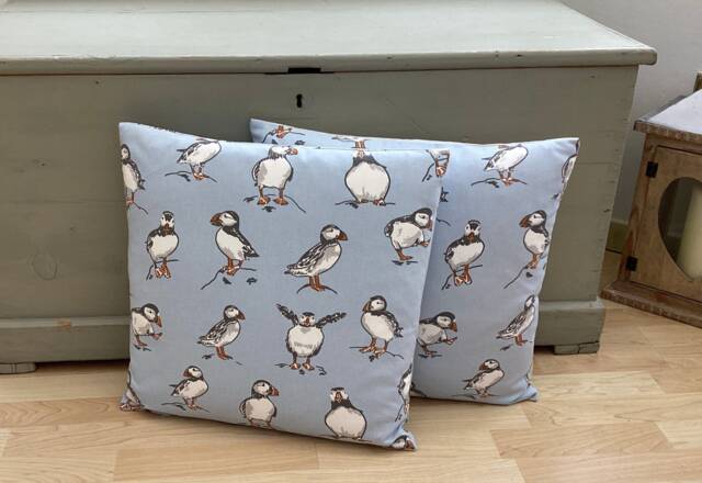 Handmade Puffin Pillow Cover Coastal Seaside Linen Cushion - image 1