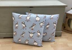 Handmade Puffin Pillow Cover Coastal Seaside Linen Cushion - thumbnail 1