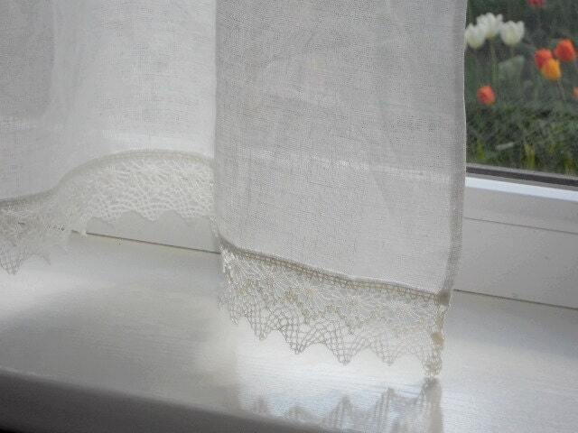 White Linen Cafe Curtain With Lace Trim Shabby Chic Valance - image 1