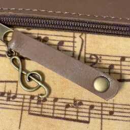 Buffalo Leather Pencil Case Vintage Fabric Musical Notes Treble Clef On Zipper Holds 14 Pens Gift For Music Teachers Unique Item - thumbnail 4