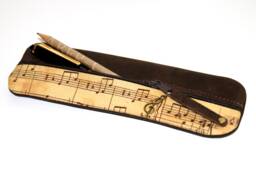 Buffalo Leather Pencil Case Vintage Fabric Musical Notes Treble Clef On Zipper Holds 14 Pens Gift For Music Teachers Unique Item - thumbnail 1