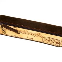 Buffalo Leather Pencil Case Vintage Fabric Musical Notes Treble Clef On Zipper Holds 14 Pens Gift For Music Teachers Unique Item - thumbnail 3