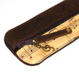 Buffalo Leather Pencil Case Vintage Fabric Musical Notes Treble Clef On Zipper Holds 14 Pens Gift For Music Teachers Unique Item - thumbnail 2