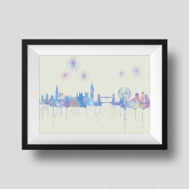 London Skyline Purple Watercolor Map Art Print United Kingdom Ink Splash Poster Canvas