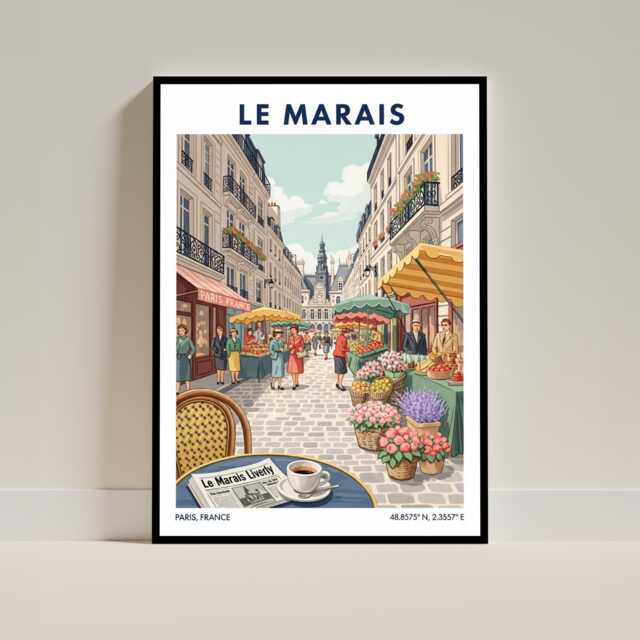 Paris, Le Marais 4Th Arrondissement Travel Poster - Vintage Wall Art Print Illustration, French Home Decor For Living Room Or Office