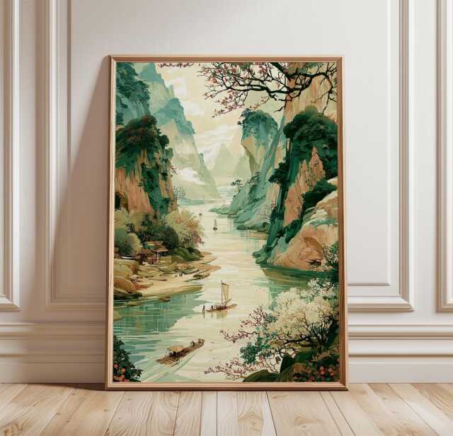 Asian River Landscape Poster, Mountain Wall Art, Nature Print - image 1
