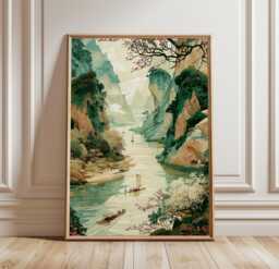 Asian River Landscape Poster, Mountain Wall Art, Nature Print - thumbnail 1