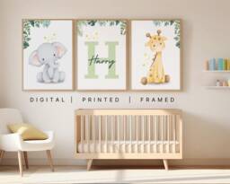 Personalised Safari Animals Set Of 3 Nursery Prints & Frames Gift Home Decor Baby Shower Toddler Boy Girl Jungle Name Child Bedroom - thumbnail 1