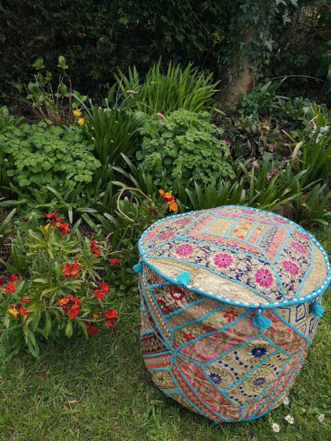 Handmade Sequin Embroidered Pouffe Cover, Indian Hippie Footstool - image 1