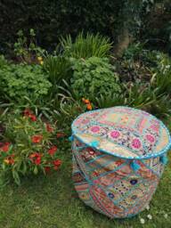 Handmade Sequin Embroidered Pouffe Cover, Indian Hippie Footstool - thumbnail 1