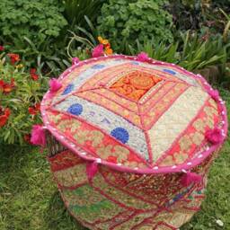 Handmade Sequin Embroidered Pouffe Cover, Indian Hippie Footstool - thumbnail 3