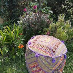 Handmade Sequin Embroidered Pouffe Cover, Indian Hippie Footstool - thumbnail 4