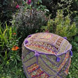 Handmade Sequin Embroidered Pouffe Cover, Indian Hippie Footstool - thumbnail 2