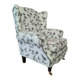 Queen Anne Wingback Chair Grey Floral Print, Brass Castor Legs