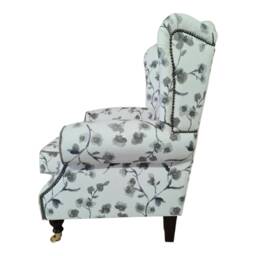 Queen Anne Wingback Chair Grey Floral Print, Brass Castor Legs - thumbnail 3