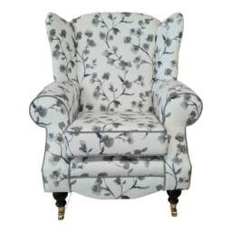 Queen Anne Wingback Chair Grey Floral Print, Brass Castor Legs - thumbnail 2