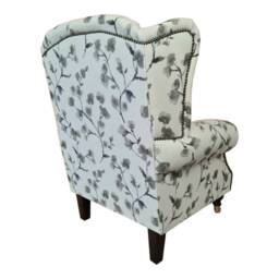 Queen Anne Wingback Chair Grey Floral Print, Brass Castor Legs - thumbnail 4