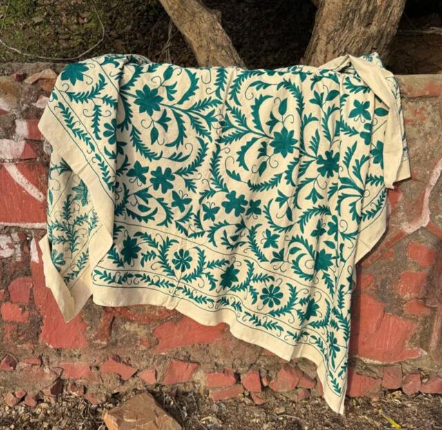 Suzani Embroidered Quilt - Folk Art Textile Handmade Bed Cover Housewarming Gift - image 1