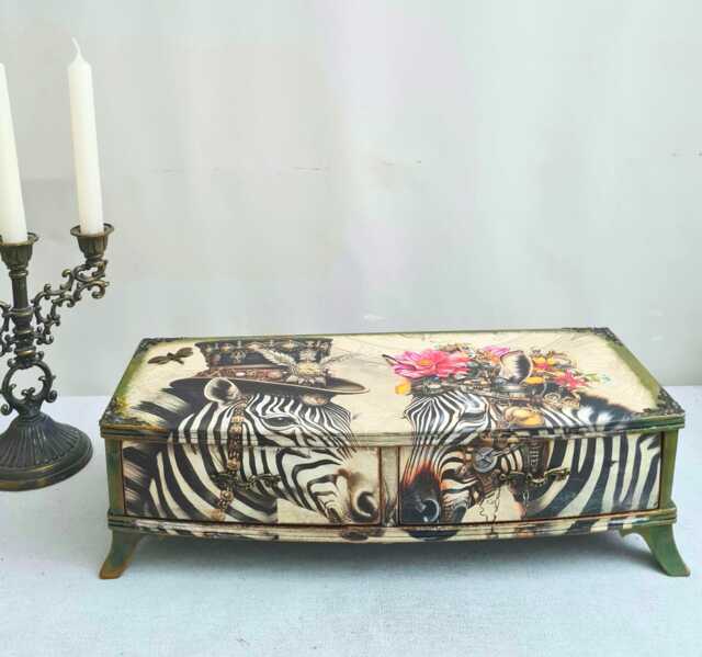 Steampunk Zebra Desktop Organiser, Children's Nursery Decor, Trinket Storage Box, Hand Decorated - image 1