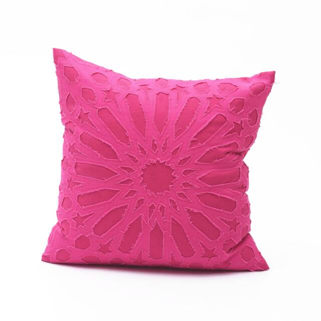 "Fuschia Cotton Pillow Cover, Geometric, Arabesque, Applique, Bright Pink Cushion, 16""x16" - image 1
