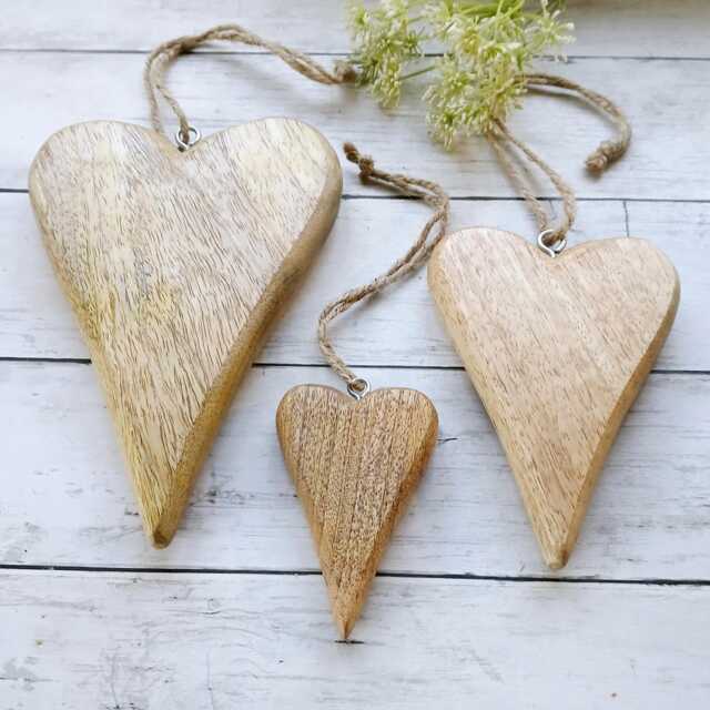 Natural Mango Wood Hand Carved Tapered Hanging Heart - 3 Sizes Available Decoration Wall Rustic - image 1
