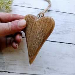 Natural Mango Wood Hand Carved Tapered Hanging Heart - 3 Sizes Available Decoration Wall Rustic - thumbnail 2