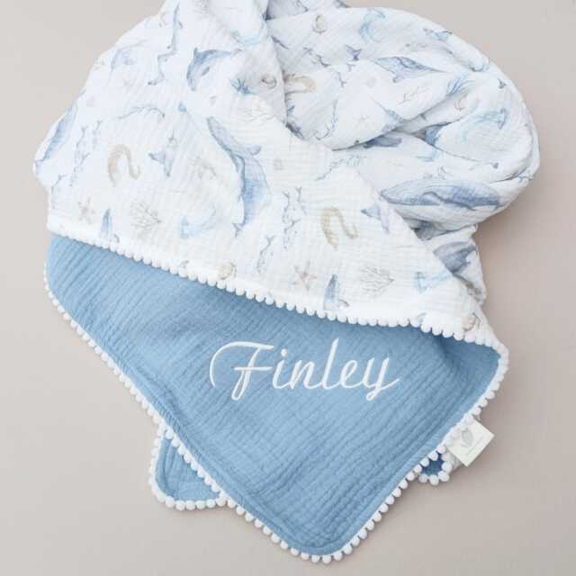 Personalized Ocean Baby Blanket, Organic Muslin Whale Swaddle - image 1