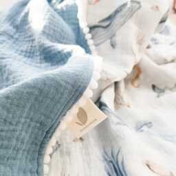 Personalized Ocean Baby Blanket, Organic Muslin Whale Swaddle - thumbnail 2