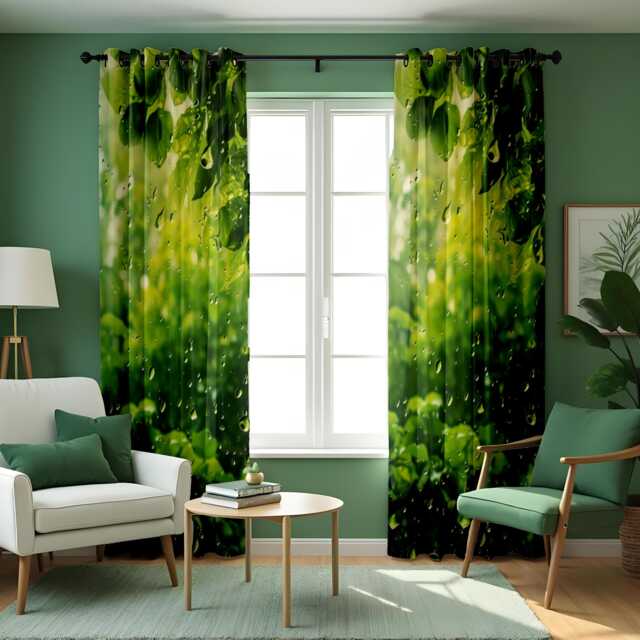 Nature Green Leaf Curtains With Water Droplets, Botanical Forest Window Drapes, Fresh Made To Measure Curtain Panels - image 1