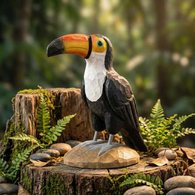 Handmade Wooden Toucan Statue, Tropical Bird Figurine, Colorful Jungle Decor, Watcher Gift, Tiki Bar Accent - image 1