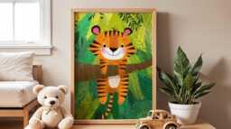 Smiling Tiger Nursery Poster, Jungle Animal Wall Art For Kids Room, Playful Safari Baby Shower Gift, Bright Playroom Decor Print - thumbnail 1