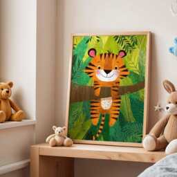 Smiling Tiger Nursery Poster, Jungle Animal Wall Art For Kids Room, Playful Safari Baby Shower Gift, Bright Playroom Decor Print - thumbnail 3