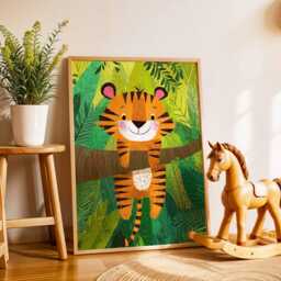 Smiling Tiger Nursery Poster, Jungle Animal Wall Art For Kids Room, Playful Safari Baby Shower Gift, Bright Playroom Decor Print - thumbnail 2