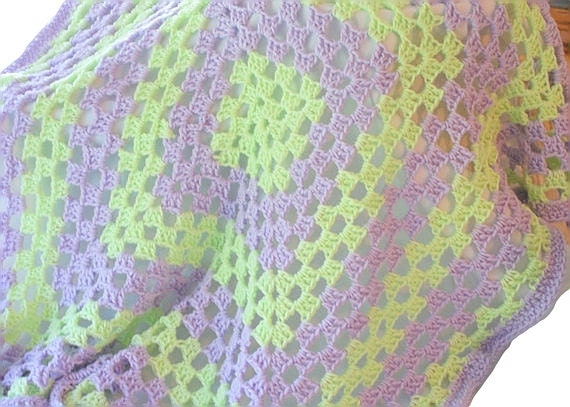 Crochet Baby Afghan, Purple Blanket, Crib Green Granny Square Afghan Blanket Bla - image 1